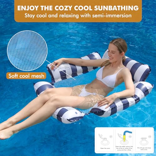 ROUSKY 2PCS Inflatable Pool Float Chair Lounge for Adults FloatingStripe Pattern Float Hammock for Pool Party Summer Water Fun OrangeDark Blue - Image 3