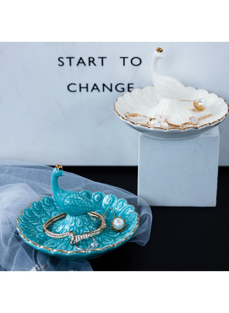 Y&D Ceramic Peacock Ring Jewelry Plate Earrings Display Stand Jewelry Storage Tray Creative Ornaments Home Decoration-White  - Image 1