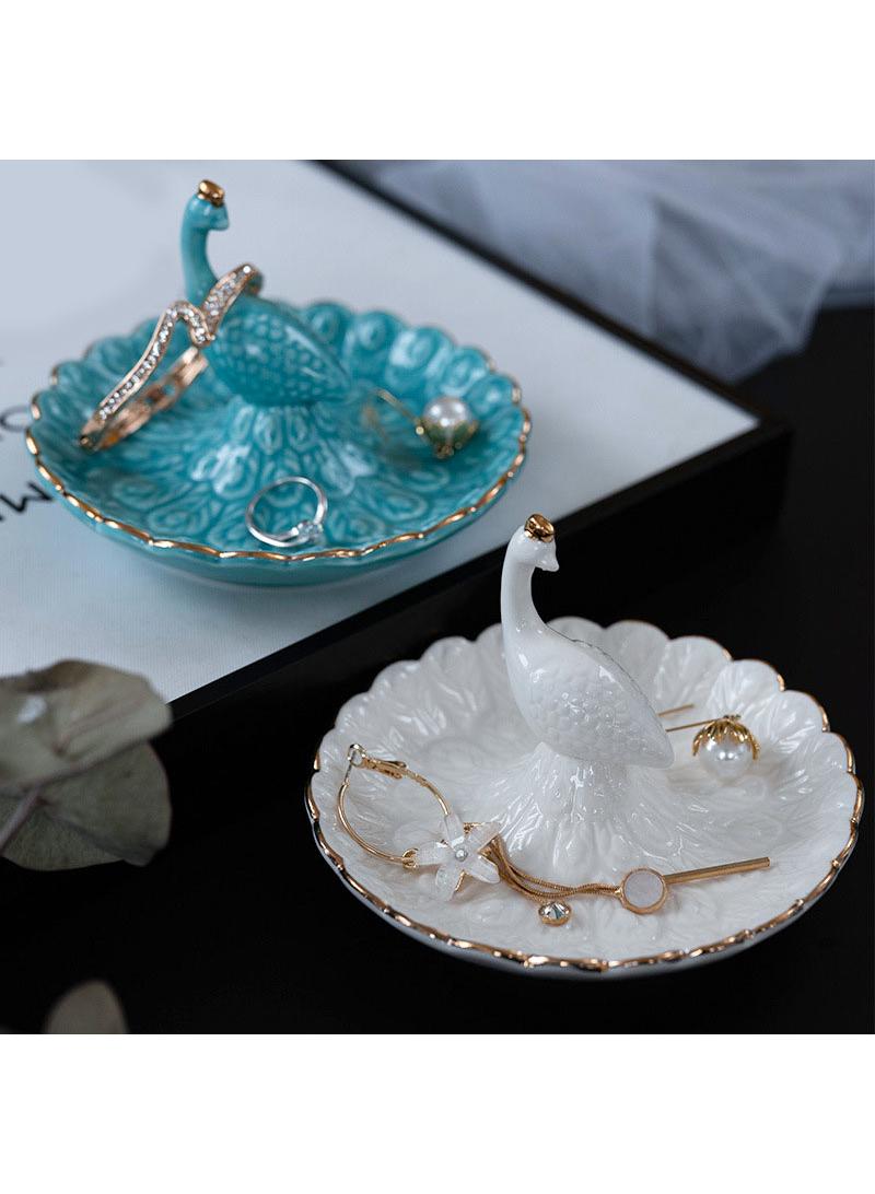 Y&D Ceramic Peacock Ring Jewelry Plate Earrings Display Stand Jewelry Storage Tray Creative Ornaments Home Decoration-White  - Image 2