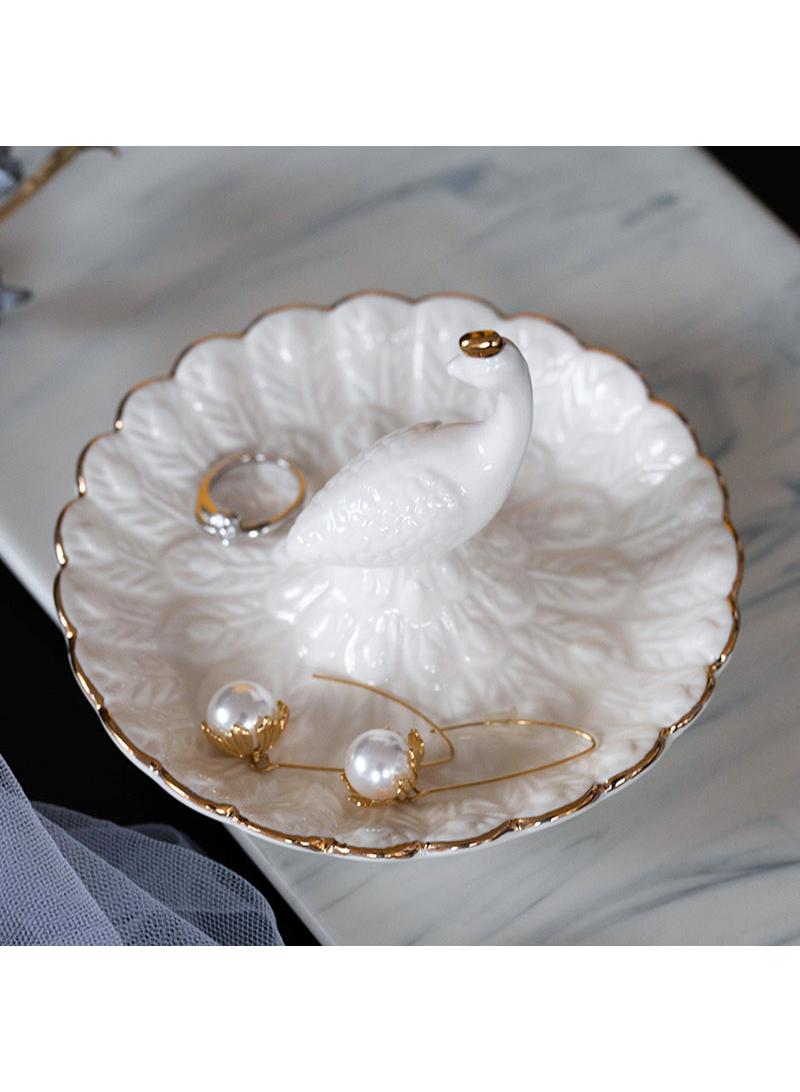 Y&D Ceramic Peacock Ring Jewelry Plate Earrings Display Stand Jewelry Storage Tray Creative Ornaments Home Decoration-White  - Image 4