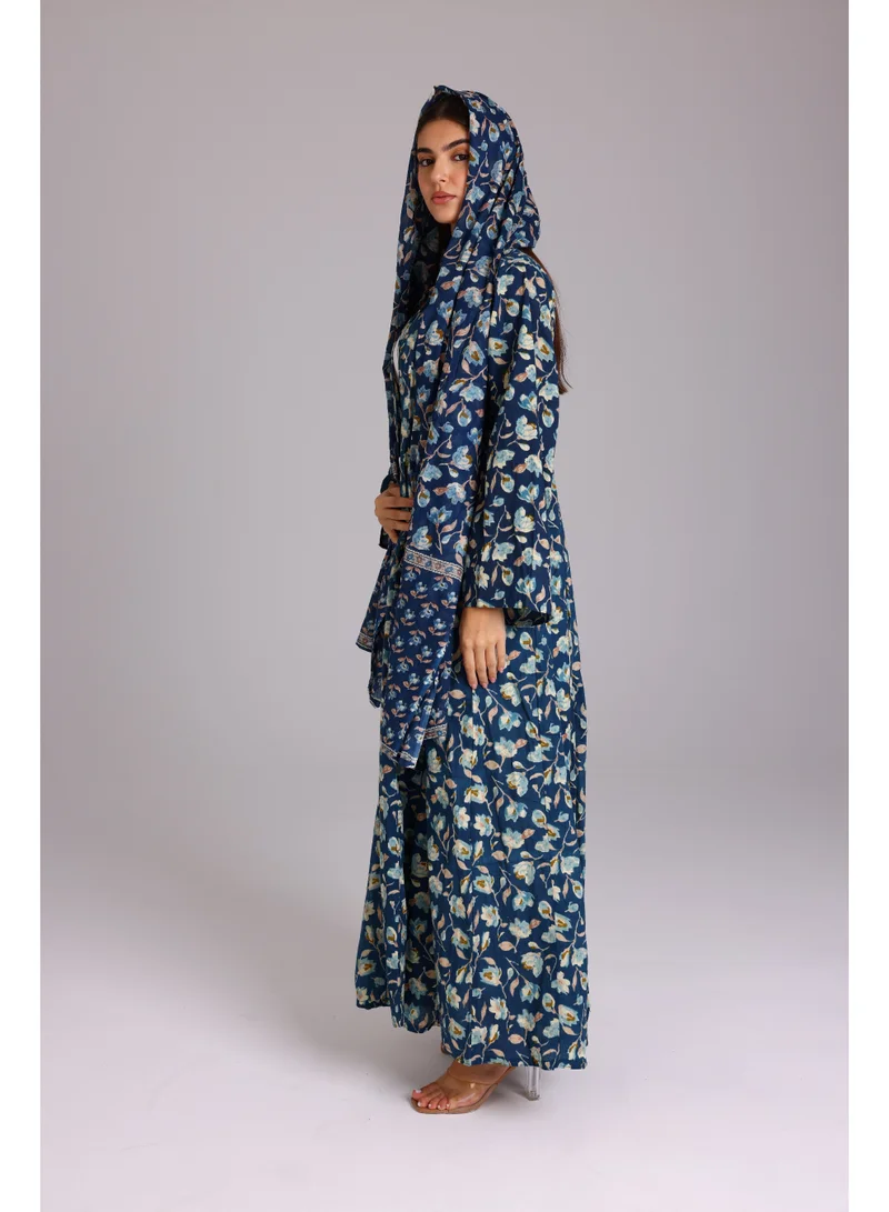 IKKXA Beautiful Floral Prints Design Abaya Blue