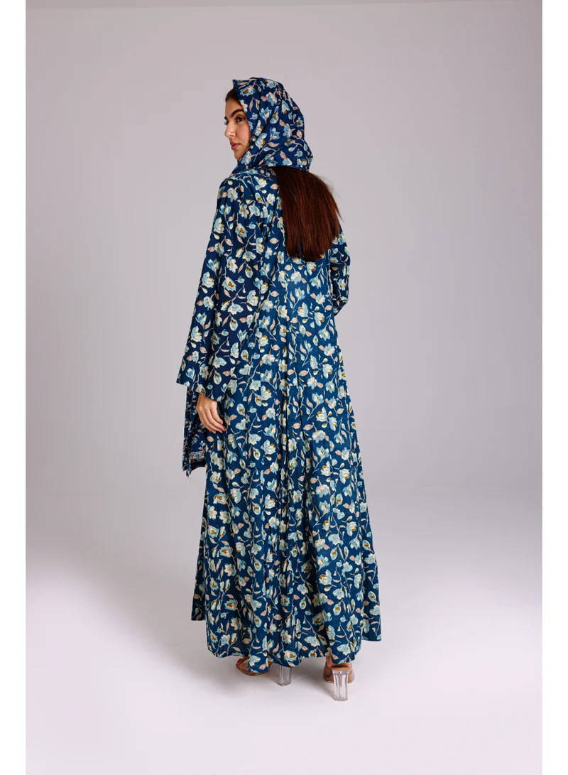 IKKXA Beautiful Floral Prints Design Abaya Blue