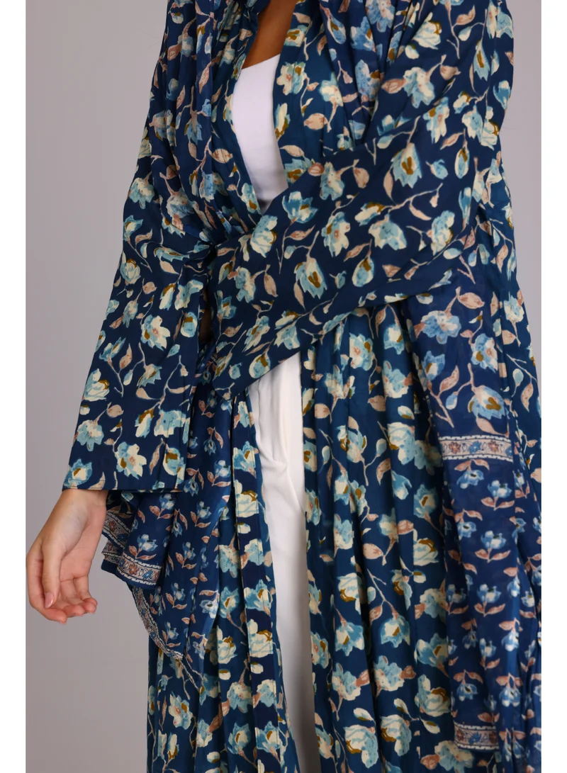 IKKXA Beautiful Floral Prints Design Abaya Blue