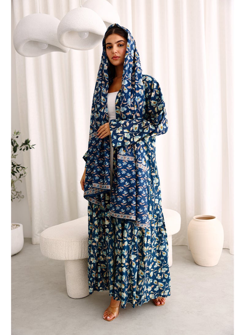 اكسا عباية نقوش ورود جميلة ازرق - Image 1