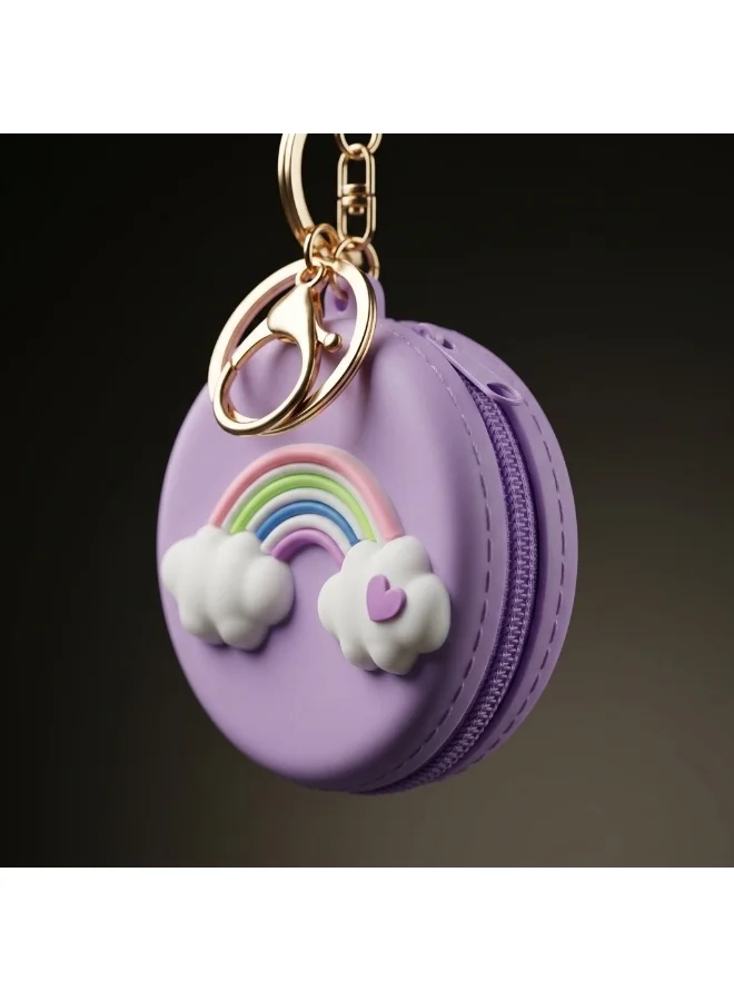 Mobcos Purple Rainbow MOBCOS Mini Pouch Keychain – Cute Round Zipper Coin Purse & Multipurpose Mini Storage Bag with Keyring for Coins, Cash, Keys and Small Essentials | Purple Rainbow  | Best Price UAE