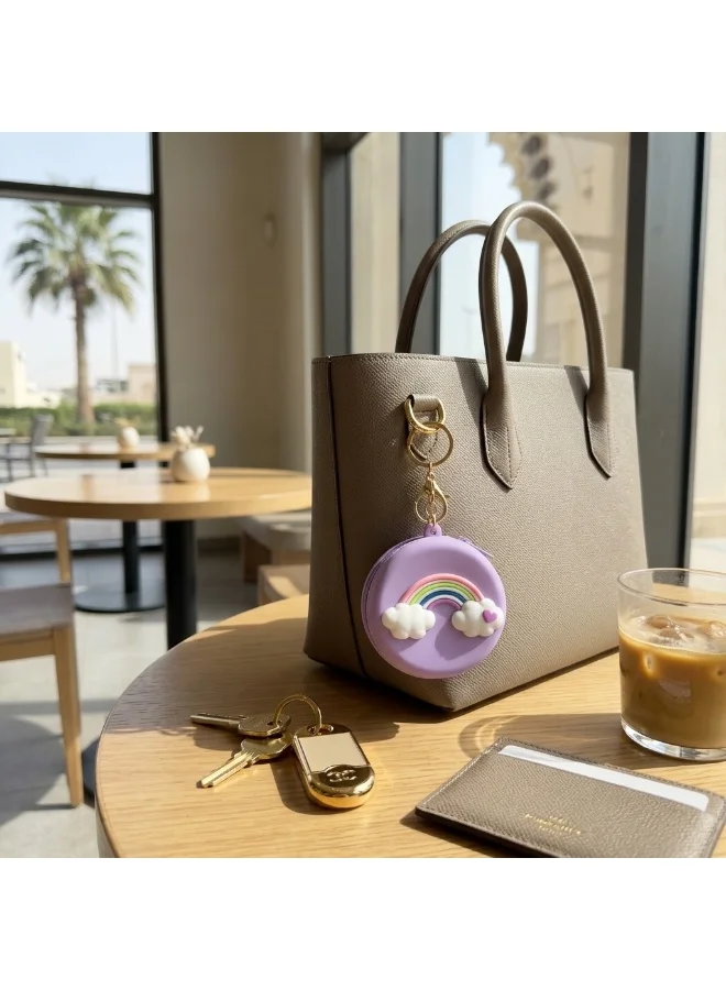 Mobcos Purple Rainbow MOBCOS Mini Pouch Keychain – Cute Round Zipper Coin Purse & Multipurpose Mini Storage Bag with Keyring for Coins, Cash, Keys and Small Essentials | Purple Rainbow  | Best Price UAE