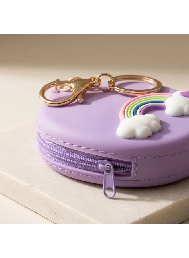 Mobcos Purple Rainbow MOBCOS Mini Pouch Keychain – Cute Round Zipper Coin Purse & Multipurpose Mini Storage Bag with Keyring for Coins, Cash, Keys and Small Essentials | Purple Rainbow  | Best Price UAE