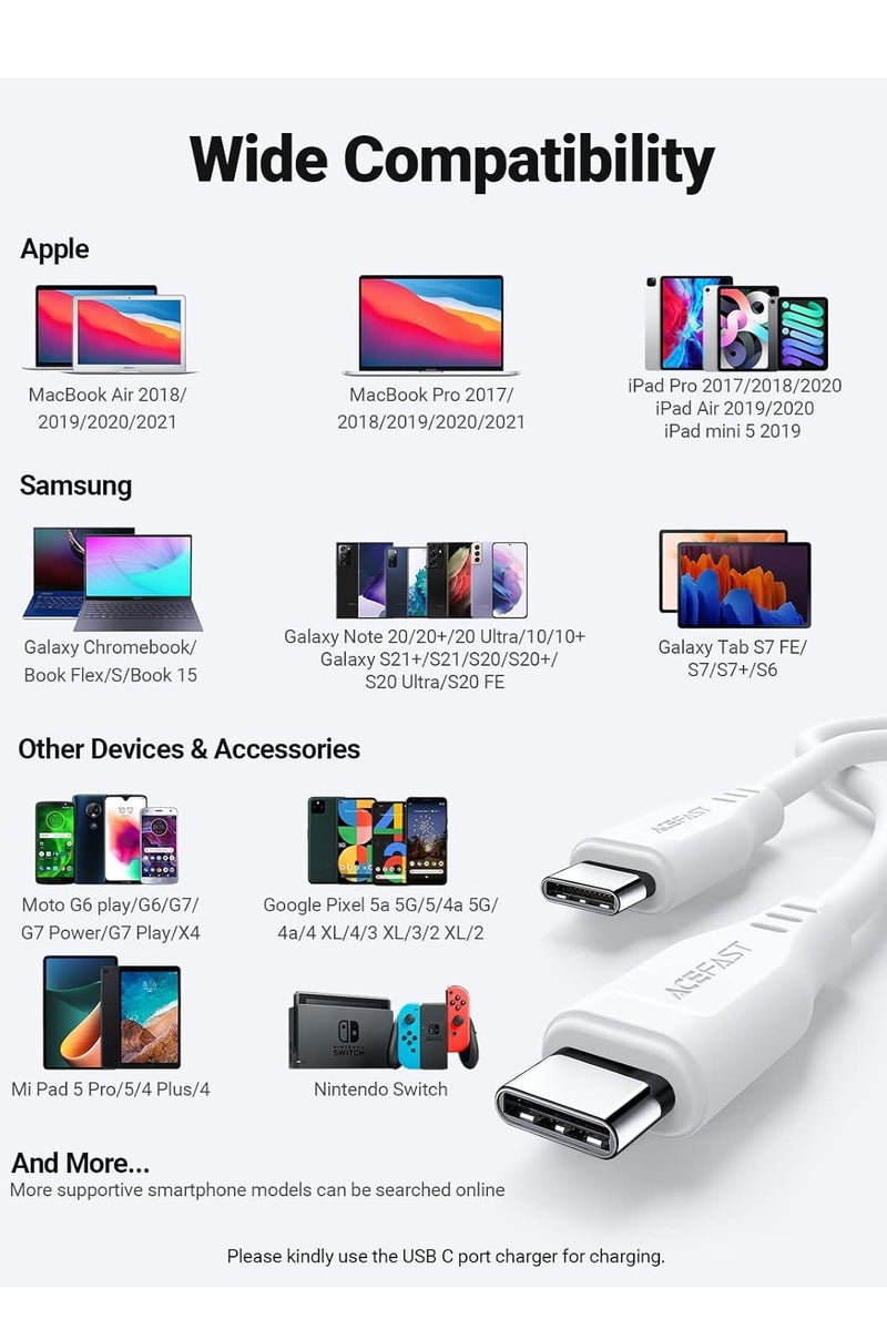 AceFast C3-03 - USB-C To USB-C TPE Charging Data Cable (3A- 60W - 1.2M) , Compatible With Samsung, Huawei, Xiaomi, Oppo - White - Image 3