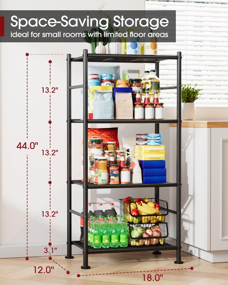Sakugi Storage Shelves - 4 Tier Shelf Organizer, Sturdy Metal Garage Shelving with Adjustable Leveling Feet, Space-Saving Shelves Organizer for Pantry, Laundry, Kitchen (18" x 12" x 44", Black) - Image 2