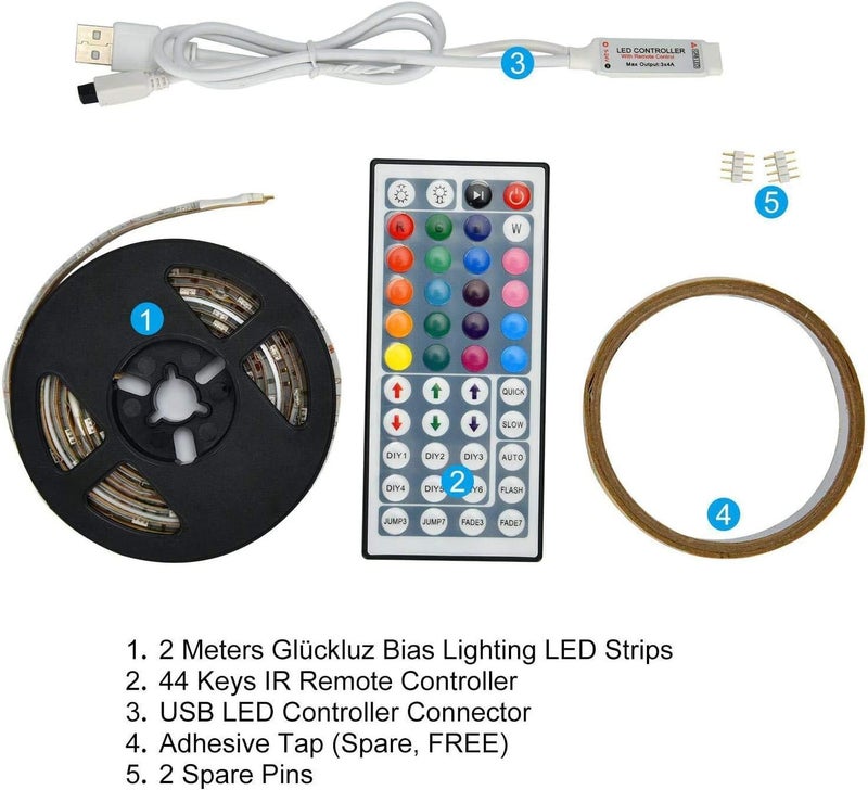 جلوكلوز شريط إضاءة LED بطول 2 متر يعمل بالطاقة الUSB، إضاءة خلفية للتلفزيون، مزود بوحدة تحكم عن بعد بـ 24 زرًا، ألوان متعددة، سهل التثبيت، مناسب لأجهزة التلفزيون عالي الدقة، الكمبيوتر المحمول، وشاشات الكمبيوتر. - Image 4