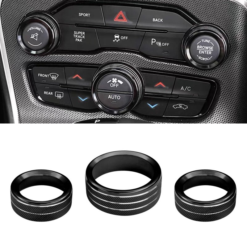 UZZH 3PCS AC Air Conditioner Switch Button Knob Cover Car Interior Decor Accessories Radio Volume Control Knob Decals for Dodge Challenger Jeep Grand Cherokee Charger Durango Journey Chrysler Black