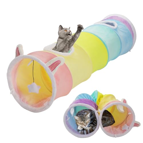 YEACO Large Size Straight Cat Tunnel with Four Holes and Hanging Ball for Indoor Cat Exercise, Interactive Crinkle Inside Material - Image 1
