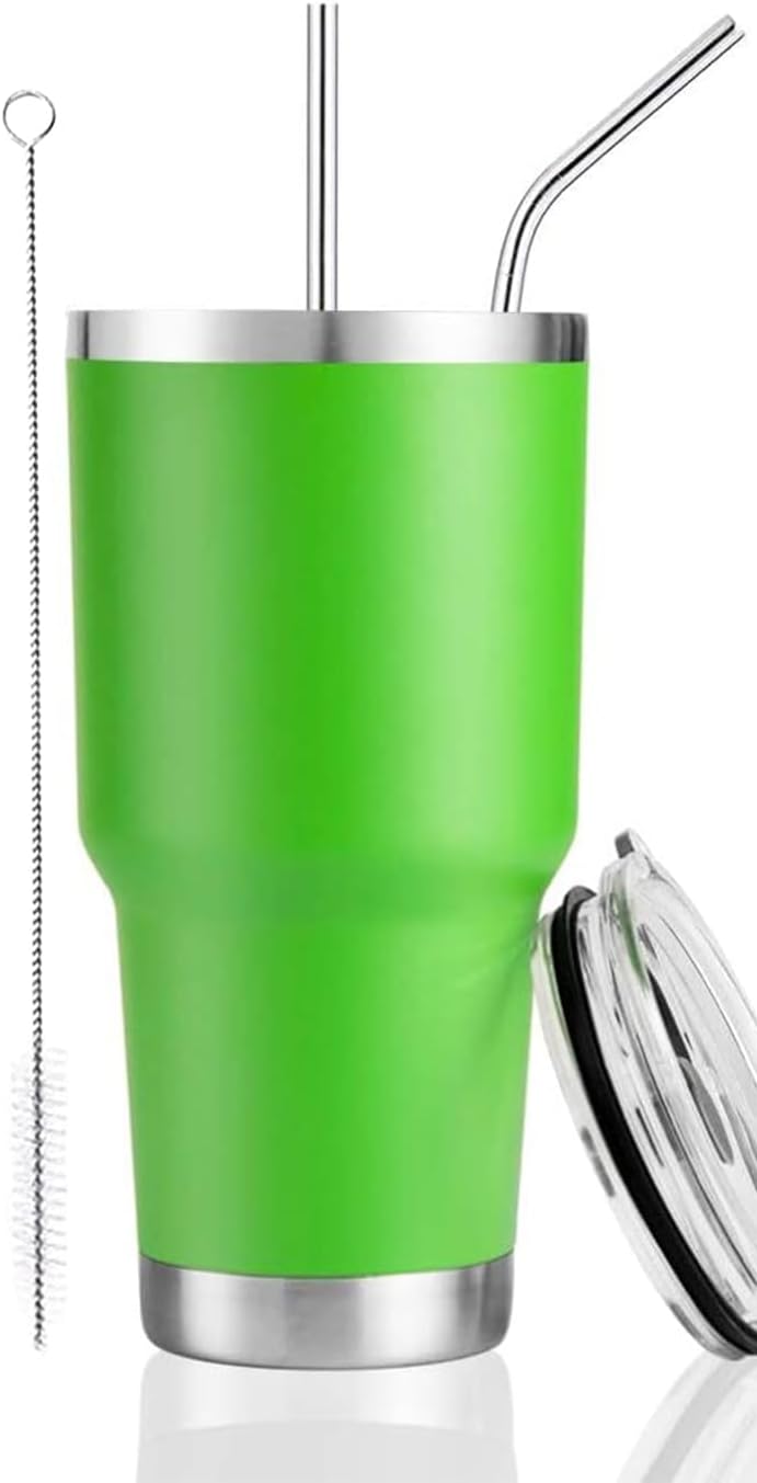 DS 30 oz Green Tumbler Stainless Steel Double Wall Vacuum Insulated Mug with Straw and Lid, Cleaning Brush for Cold and Hot Beverages - Image 1