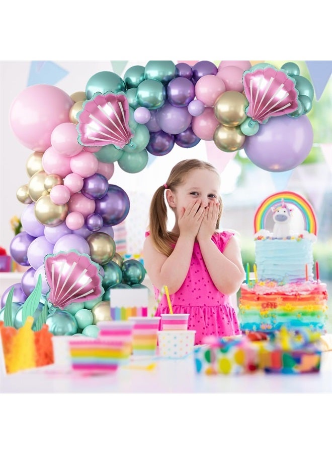 Biapian Mermaid Balloon Arch Kit, Mermaid Balloon Garland Kit Pastel Pink Purple Green Metallic Latex Balloons Party Balloons for Girls Birthday Baby Shower Under the Sea Theme Party Supplies