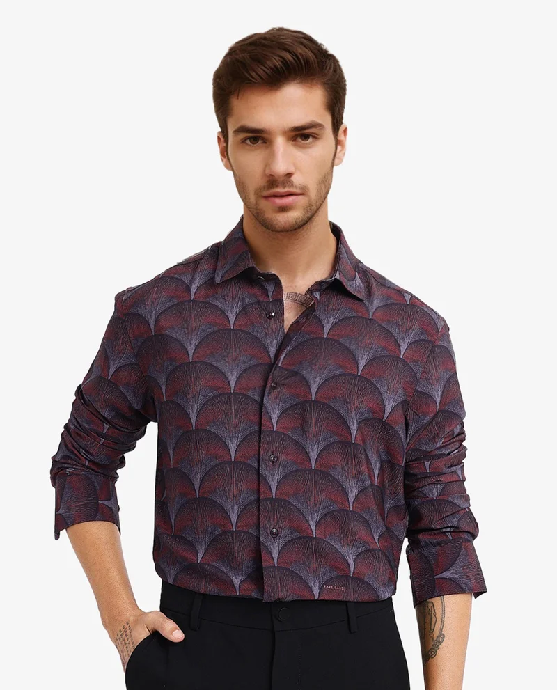 Rare Rabbit Rare Rabbit Men Lizan Maroon Viscose Nylon Fabric Full Sleeve Regular Fit Abstract Print Shirt