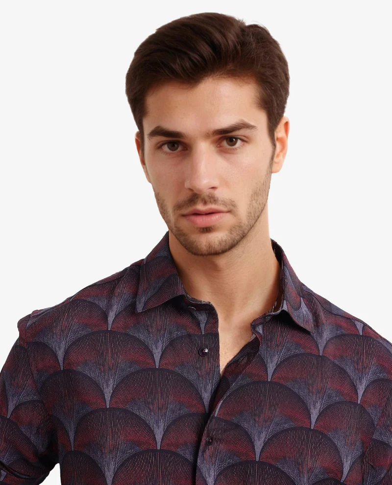Rare Rabbit Rare Rabbit Men Lizan Maroon Viscose Nylon Fabric Full Sleeve Regular Fit Abstract Print Shirt