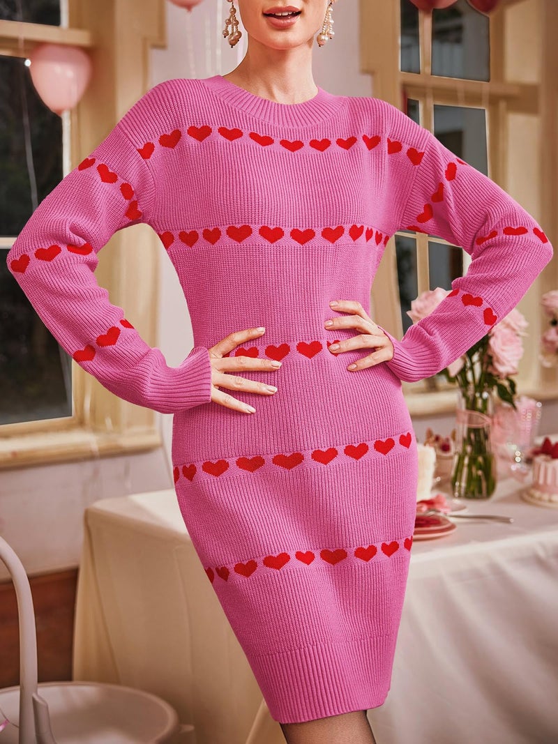 Wenrine Womens Long Sleeve Sweater Dress Fall Knit Heart Crewneck Cute Valentines Bodycon Mini Dresses Pink - Image 3