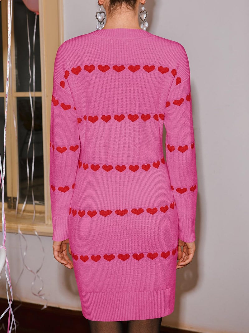 Wenrine Womens Long Sleeve Sweater Dress Fall Knit Heart Crewneck Cute Valentines Bodycon Mini Dresses Pink - Image 5