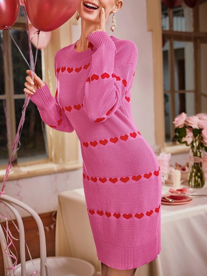 Wenrine Womens Long Sleeve Sweater Dress Fall Knit Heart Crewneck Cute Valentines Bodycon Mini Dresses Pink - Image 4
