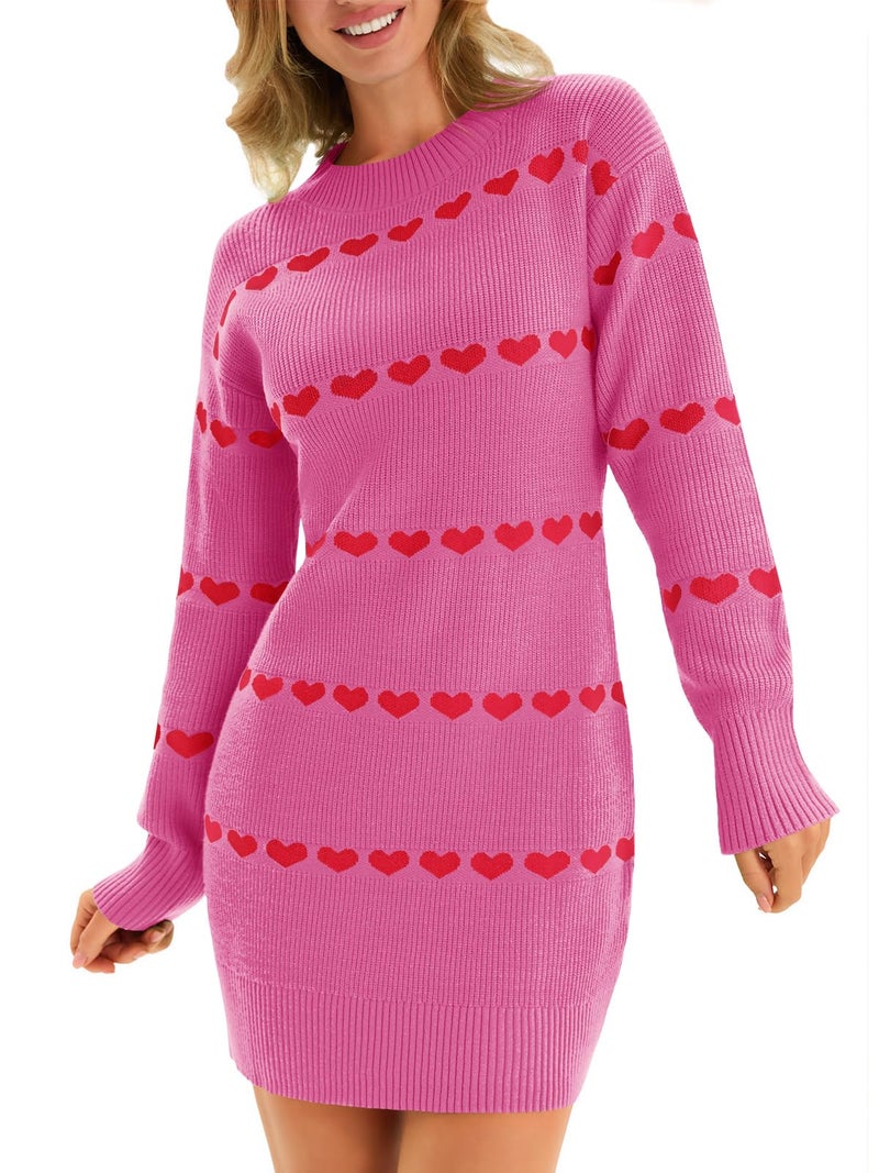 Wenrine Womens Long Sleeve Sweater Dress Fall Knit Heart Crewneck Cute Valentines Bodycon Mini Dresses Pink - Image 1