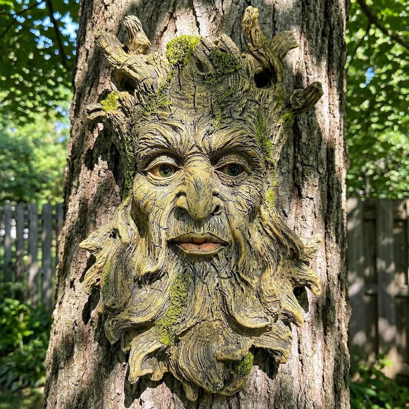 Euiroet 10.3" Whimsical Tree Face Sculpture, Garden Peeker Statue, Outdoor Trunk Tree Huggers Art, Landscape Accent Ornament, Hanging Fairy Elve Figurine for Yard Art, Trees Decor Wall Mounted Statues - Image 4