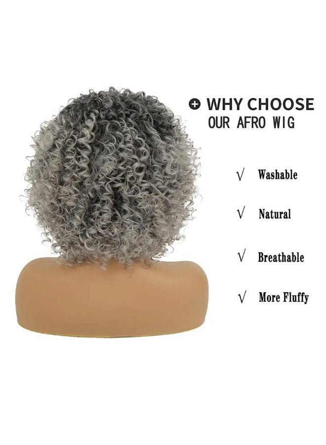 Kaneles Short Grey Kinky Afro Wig For Black Women Synthetic Mixed Gray Wigs With Bangs Hair Shoulder Length Kinky Afro Curly Wig For Daily - Image 4