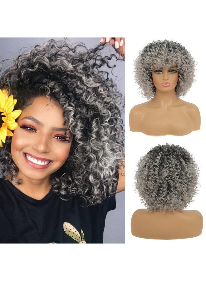 Kaneles Short Grey Kinky Afro Wig For Black Women Synthetic Mixed Gray Wigs With Bangs Hair Shoulder Length Kinky Afro Curly Wig For Daily - Image 2