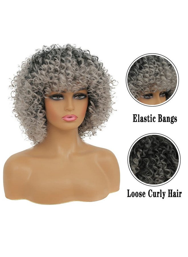Kaneles Short Grey Kinky Afro Wig For Black Women Synthetic Mixed Gray Wigs With Bangs Hair Shoulder Length Kinky Afro Curly Wig For Daily - Image 3
