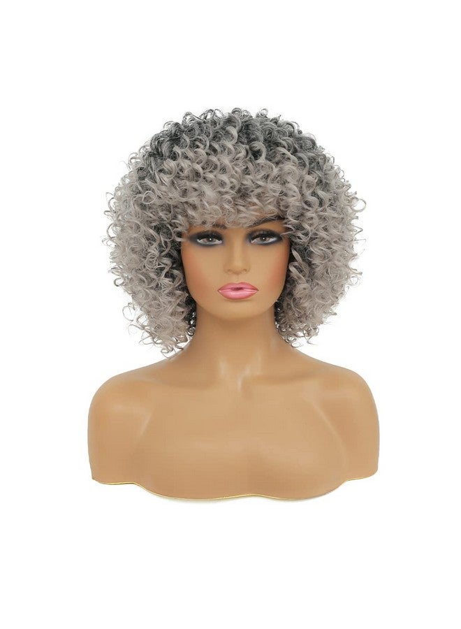 Kaneles Short Grey Kinky Afro Wig For Black Women Synthetic Mixed Gray Wigs With Bangs Hair Shoulder Length Kinky Afro Curly Wig For Daily - Image 5