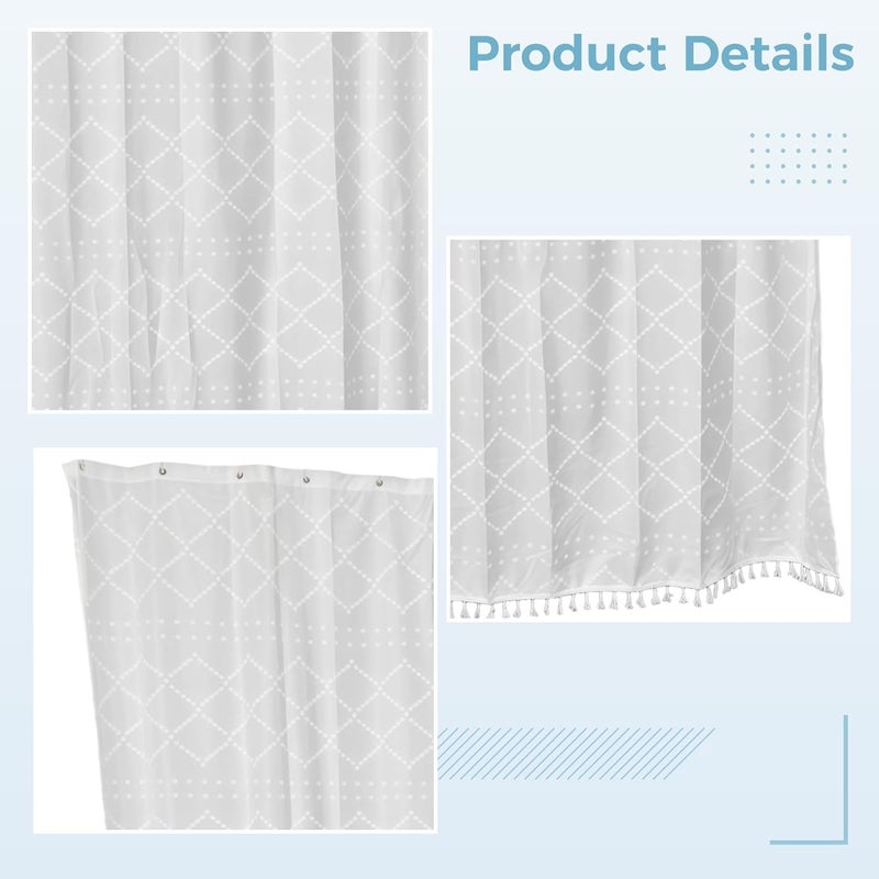 Bohemian Shower Curtain, White Chenille Tassels, Extra Long Fabric, Farmhouse Style, Bathroom Decor - Image 2
