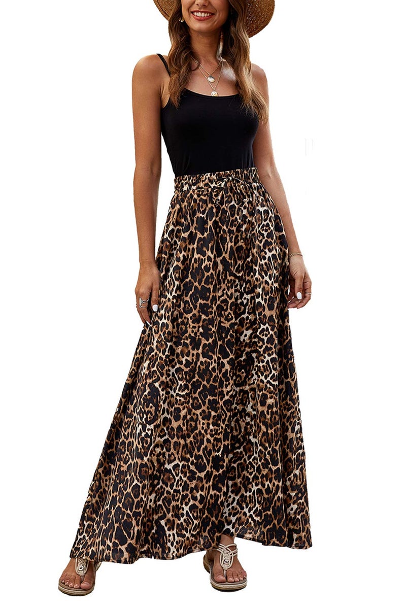 Bluetime Women Boho Maxi Skirt Leopard Print Chiffon Beach Pleated High Waisted A-Line Long Skirts (M, Floral1) - Image 1
