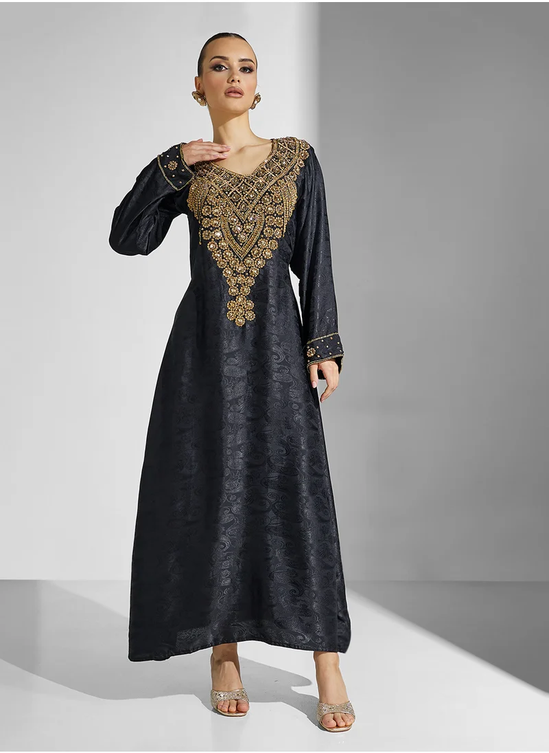 ARABIAN CLOSET Embellished Belted Jalabiya