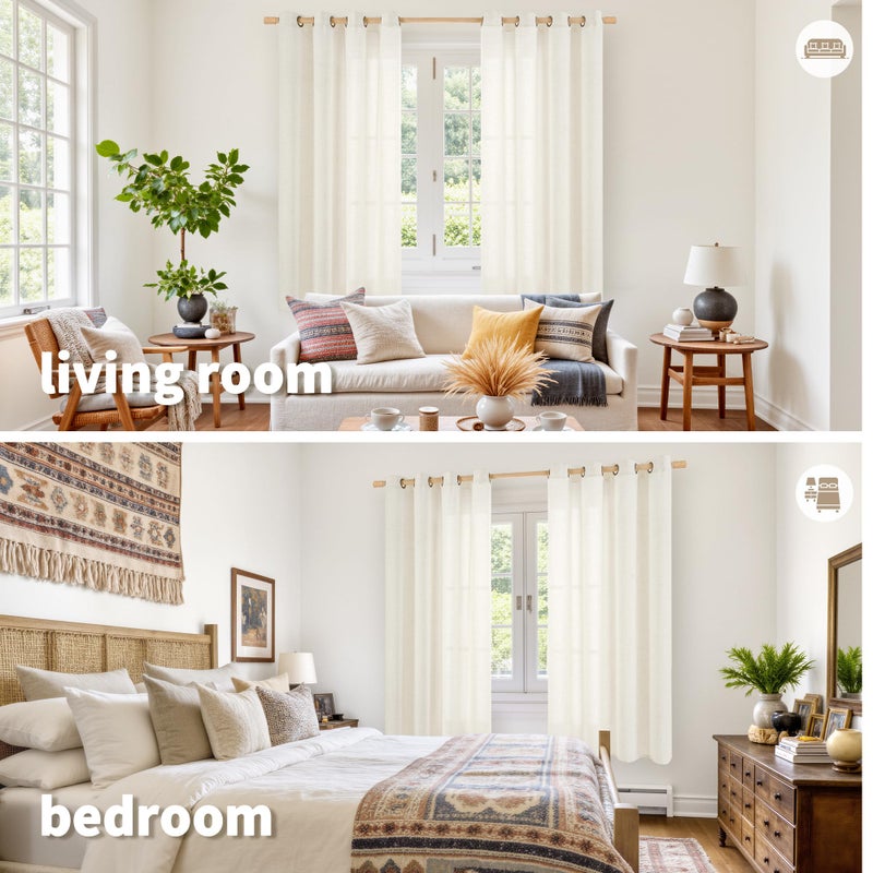 YoungsTex Ivory Linen Curtains 63 Inch Length for Living Room Window, Light Filtering Drapes Rustic Semi Sheer with Bronze Grommet Privacy for Bedroom Farmhouse Decorative, 52 x 63 Inch, 2 Panels - Image 2