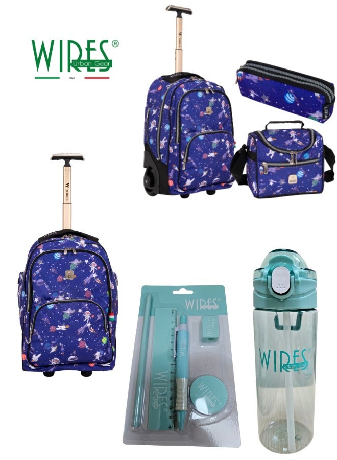 5 Piece Kids School Trolley Bag laptop compartment 2 Wheels With Lunch bag & Pencil Case