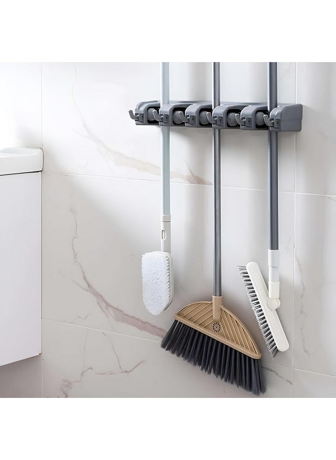 Zureni Mop And Broom Holder Wall Mount Stick 11 Tools Hanger With 6 Hooks 5 Slot Storage Organizer For Home Kitchen Bathroom & Laundry Cleaning (Grey, Pack Of 1)  - Image 1