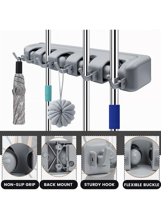 Zureni Mop And Broom Holder Wall Mount Stick 11 Tools Hanger With 6 Hooks 5 Slot Storage Organizer For Home Kitchen Bathroom & Laundry Cleaning (Grey, Pack Of 1)  - Image 3