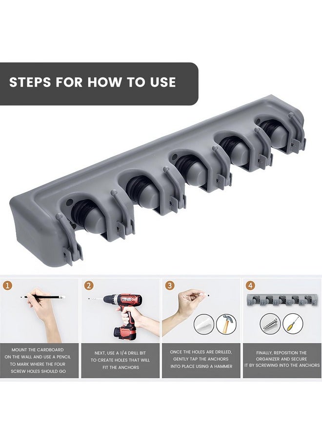 Zureni Mop And Broom Holder Wall Mount Stick 11 Tools Hanger With 6 Hooks 5 Slot Storage Organizer For Home Kitchen Bathroom & Laundry Cleaning (Grey, Pack Of 1)  - Image 5