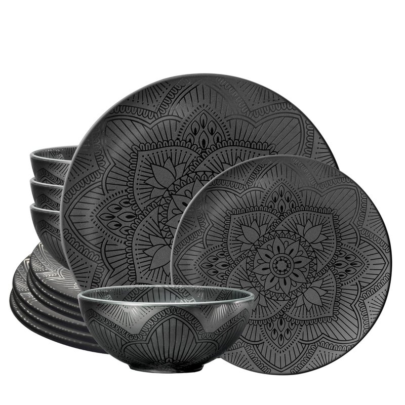bzyoo 12 Piece Black Melamine Dinnerware Set Durable Dishwasher Safe Black Plates and Bowls Ideals for Parties Camping Dish Set La La Mandala