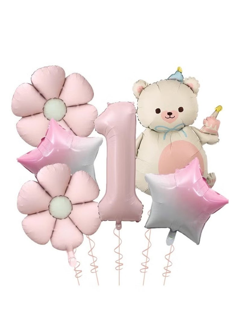 لوازم تزيين حفلات أعياد الميلاد الأولى، مجموعة بالونات من الألومنيوم على شكل دب رقمي وردي غير لامع، مقاس 40 بوصة، على شكل زهرة الأقحوان