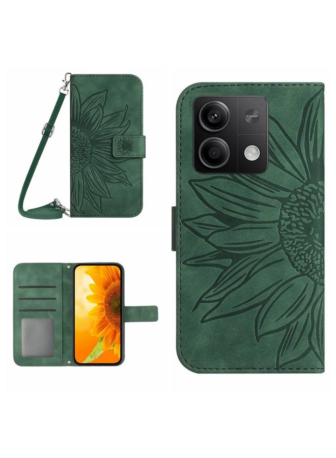 Green Tiger For Xiaomi Redmi Note 13 4G Global Skin Feel Sun Flower Embossed Flip Leather Phone Case with Lanyard(Green)