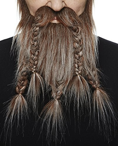 Mustaches Self Adhesive Novelty Viking Dwarf Fake Beard False Facial Hair Costume Accessory for Adults Brown with Gray Color - Image 1