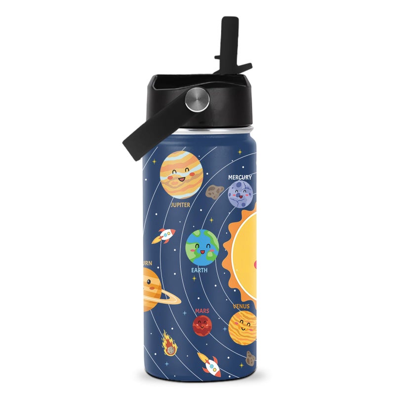 ROVOZAR Space Planet Water Bottle Space 16oz Stainless Steel Water Bottle with Straw Funny Planet Insulated Cup for Boys Solar System Kids Tumbler for School Sports Travel