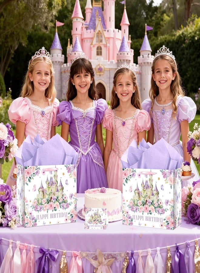 Woosytoo Purple Princess Castle Birthday Gift Bag with Wrapping Paper and Greeting Card Large Princess Birthday Party Favor Bags Flower Floral Butterfly Castle Paper Bag for Girls Women Themed Party Supplies - Image 5