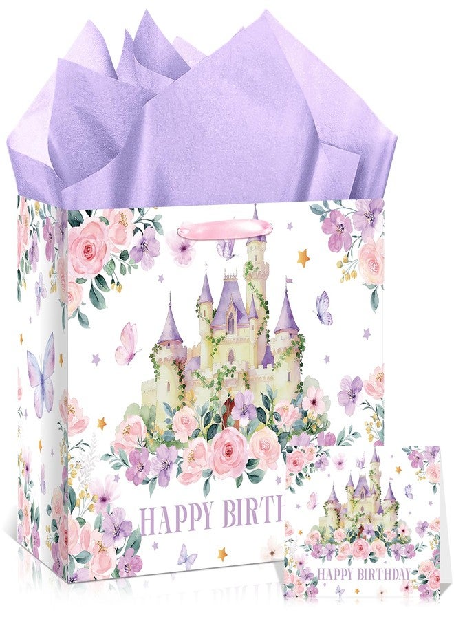 Woosytoo Purple Princess Castle Birthday Gift Bag with Wrapping Paper and Greeting Card Large Princess Birthday Party Favor Bags Flower Floral Butterfly Castle Paper Bag for Girls Women Themed Party Supplies - Image 1
