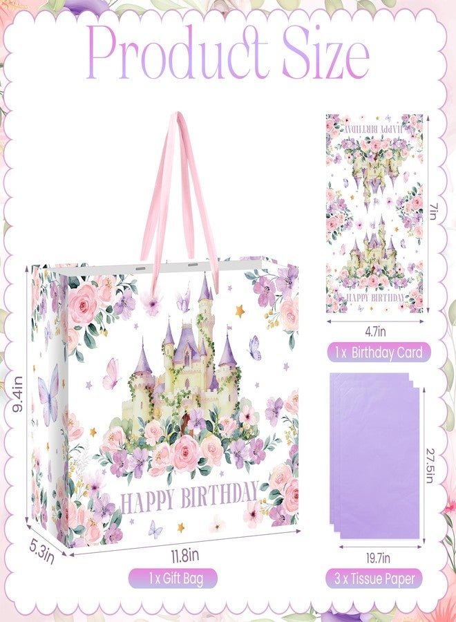 Woosytoo Purple Princess Castle Birthday Gift Bag with Wrapping Paper and Greeting Card Large Princess Birthday Party Favor Bags Flower Floral Butterfly Castle Paper Bag for Girls Women Themed Party Supplies - Image 2