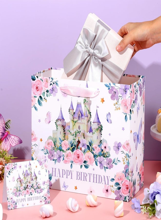 Woosytoo Purple Princess Castle Birthday Gift Bag with Wrapping Paper and Greeting Card Large Princess Birthday Party Favor Bags Flower Floral Butterfly Castle Paper Bag for Girls Women Themed Party Supplies - Image 4