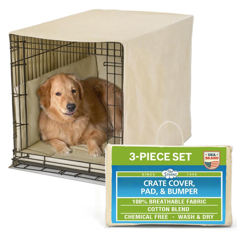 Pet Dreams 3-Piece Set Includes Dog Crate Cover, Dog Mat & Bumper Pad- Washable Kennel Bedding fits iCrate Cages 24, 30, 36, 42 Inch (Khaki, Small, 24") - Image 1