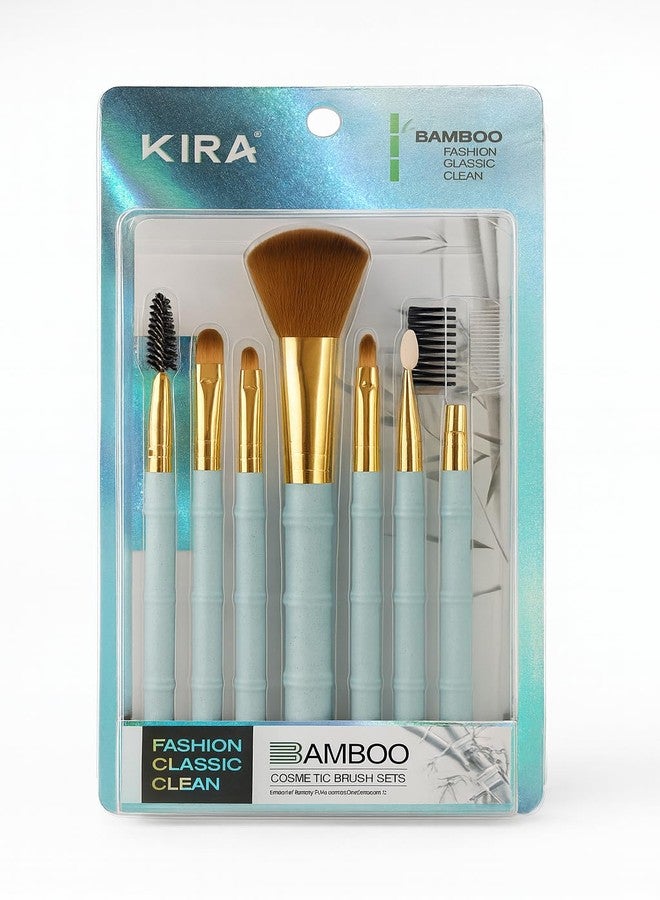 KIRA Bamboo Design Makeup Brush Sets 7Pcs Uses For Powder, Shadow, Shadow, Lipstick, Eyeliner, Eyebrow Brush, Double Eyelash And Eyebrow Brush Beauty Tools (BM109-06) (Blue) - Image 1