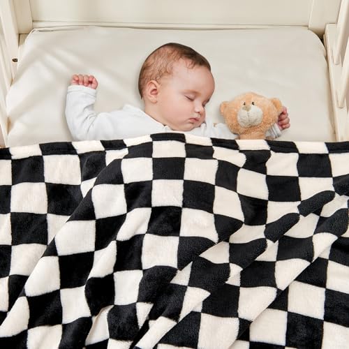 Yurhap Checkered Baby Blanket Fleece Baby Blankets for Boys Girls, Ultra Soft Cozy Fluffy Infant Toddler Newborn Receiving Blankets for Crib Stroller, 30''x40'', Black - Image 3