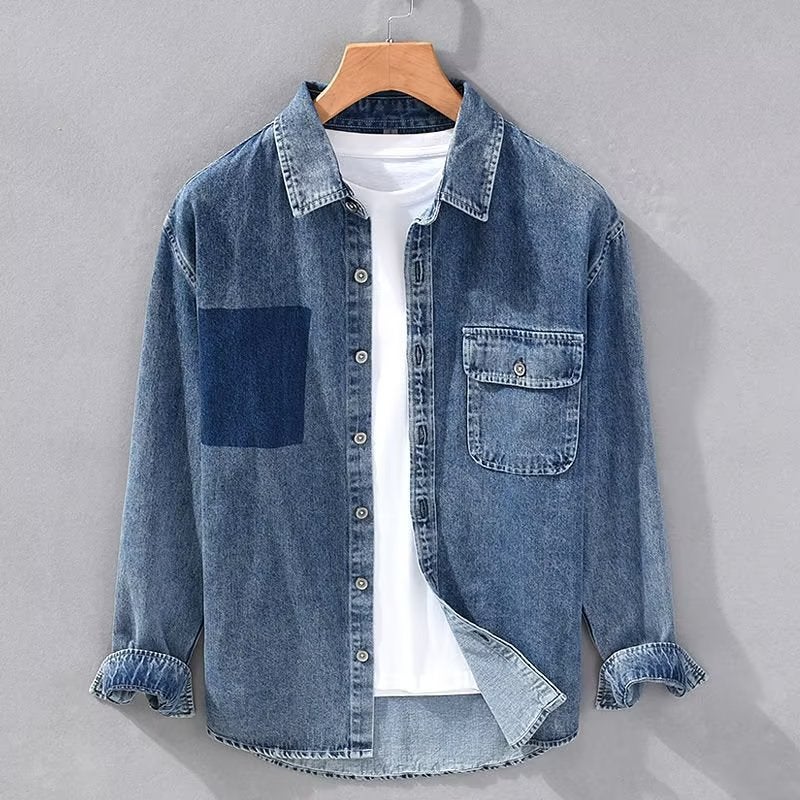 High-End Denim Shirt Mens Korean Fashion Loose Casual Long-Sleeve Blue 